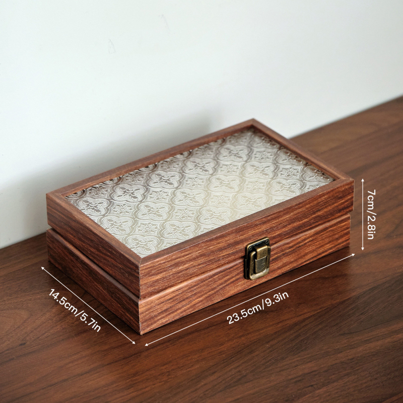 Дървена кутия за бижута с капак и отделения, настолна употреба, плътностна дъска, многофункционална и прахозащитна, един слой