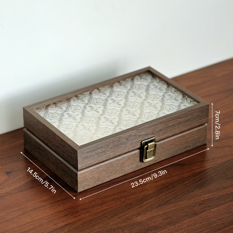 Дървена кутия за бижута с капак и отделения, настолна употреба, плътностна дъска, многофункционална и прахозащитна, един слой