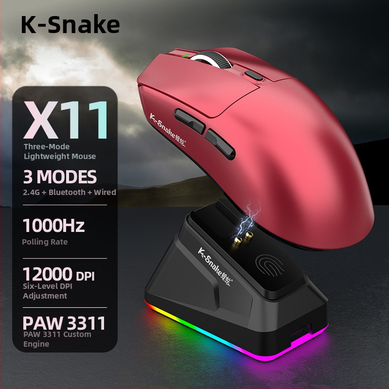 Viper X11 Pro оптична мишка – 3 бутона, безжична връзка 2.4G/Bluetooth, 1200 DPI, ергономичен дизайн, зареждаща RGB база