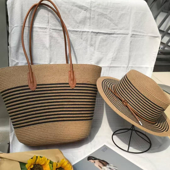 Slamnata tote torba za ljeto — prugasti dizajn, dvostruka naramenica za gradski stil, velika zapremina, zip, poliester podstava
