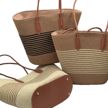 Slamnata tote torba za ljeto — prugasti dizajn, dvostruka naramenica za gradski stil, velika zapremina, zip, poliester podstava