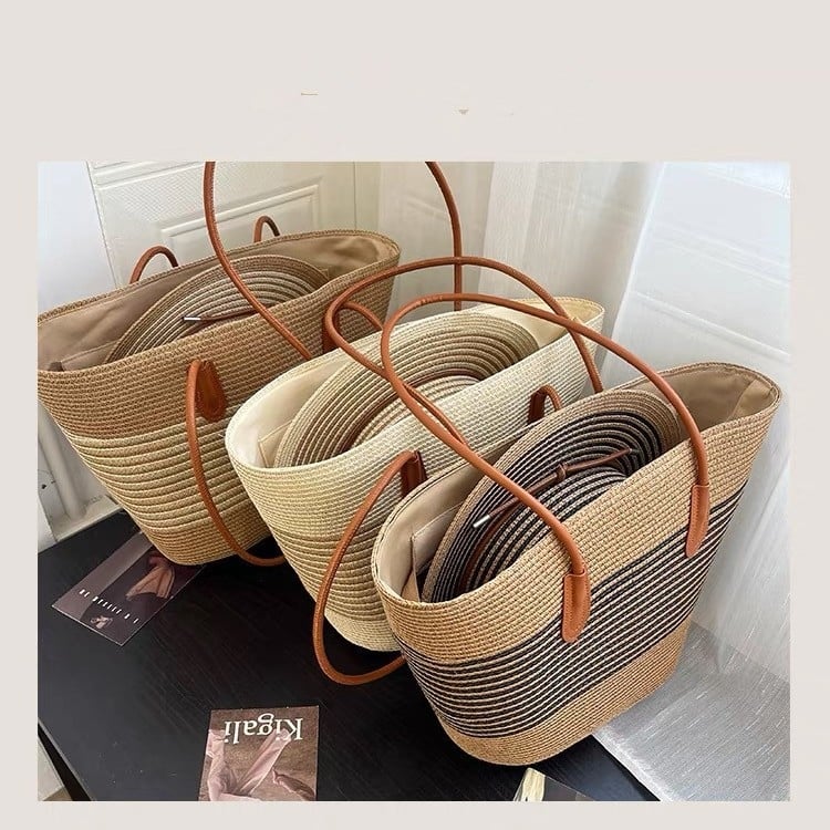 Slamnata tote torba za ljeto — prugasti dizajn, dvostruka naramenica za gradski stil, velika zapremina, zip, poliester podstava