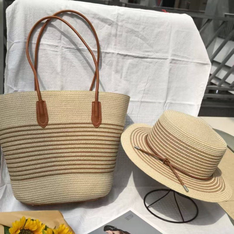 Slamnata tote torba za ljeto — prugasti dizajn, dvostruka naramenica za gradski stil, velika zapremina, zip, poliester podstava
