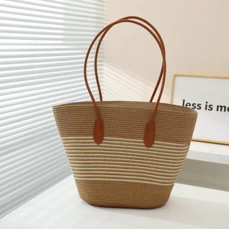 Slamnata tote torba za ljeto — prugasti dizajn, dvostruka naramenica za gradski stil, velika zapremina, zip, poliester podstava