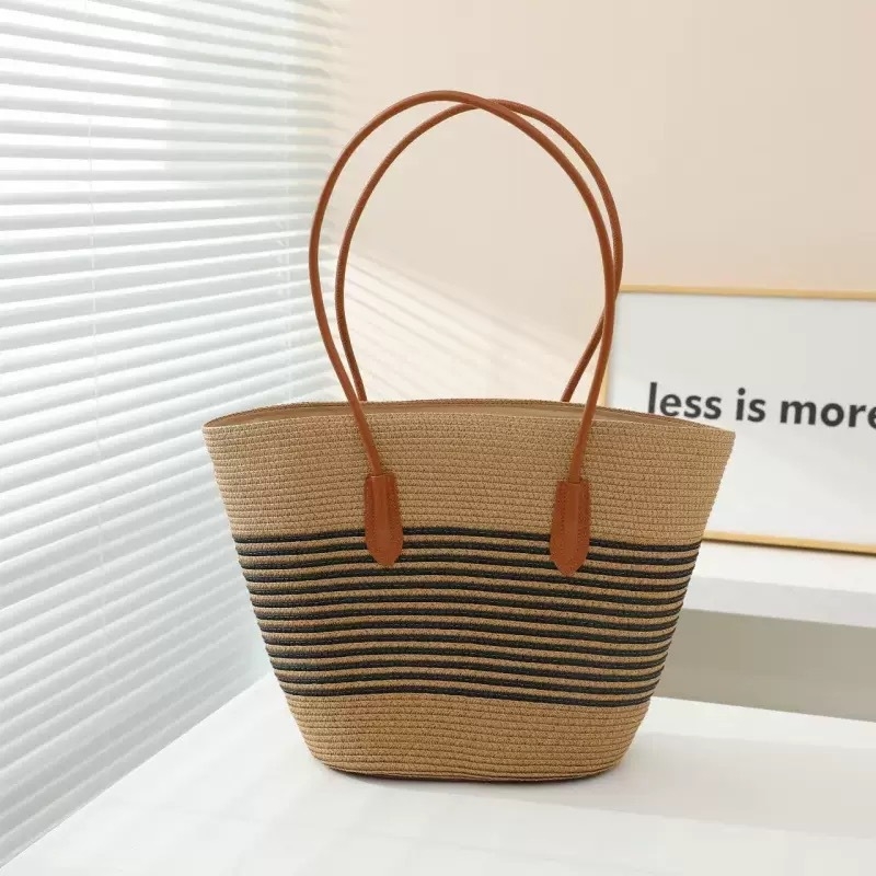Slamnata tote torba za ljeto — prugasti dizajn, dvostruka naramenica za gradski stil, velika zapremina, zip, poliester podstava