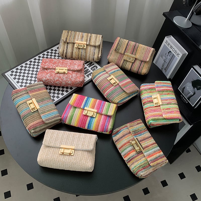 Crossbody torba od pletene slame, gradski stil, horizontalni kvadratni oblik, podstava od poliestera, zaključavanje lokkom, proljeće 2025