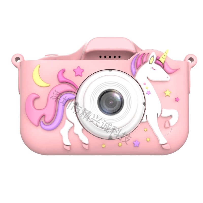 Детска камера с двоен обектив, тематика Единорог, 2,0-инчов IPS екран със защита на очите, TF карта за съхранение, батерия 3–5 часа, корпус ABS + екологичен силикон
