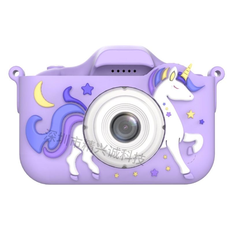 Детска камера с двоен обектив, тематика Единорог, 2,0-инчов IPS екран със защита на очите, TF карта за съхранение, батерия 3–5 часа, корпус ABS + екологичен силикон