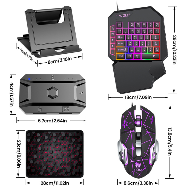 Комплект за игри: клавиатура и мишка с компактна едноръчна клавиатура, USB кабел, 3600 DPI, подсветка, ергономичен дизайн