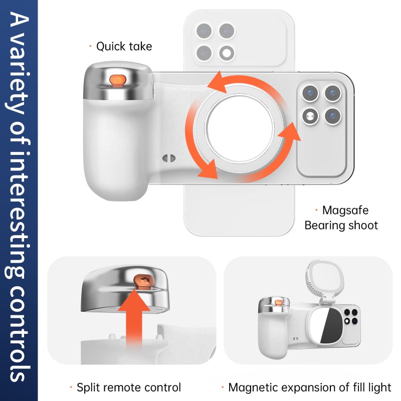 Φως προσθήκης για κινητό με μαγνητική συμβατότητα MagSafe, Bluetooth χειρολαβή για selfies και βιντεοσκόπηση, ρυθμιζόμενη θερμοκρασία χρώματος 2500K–9900K, αντι-κίνηση, ζουμ χωρίς βήματα