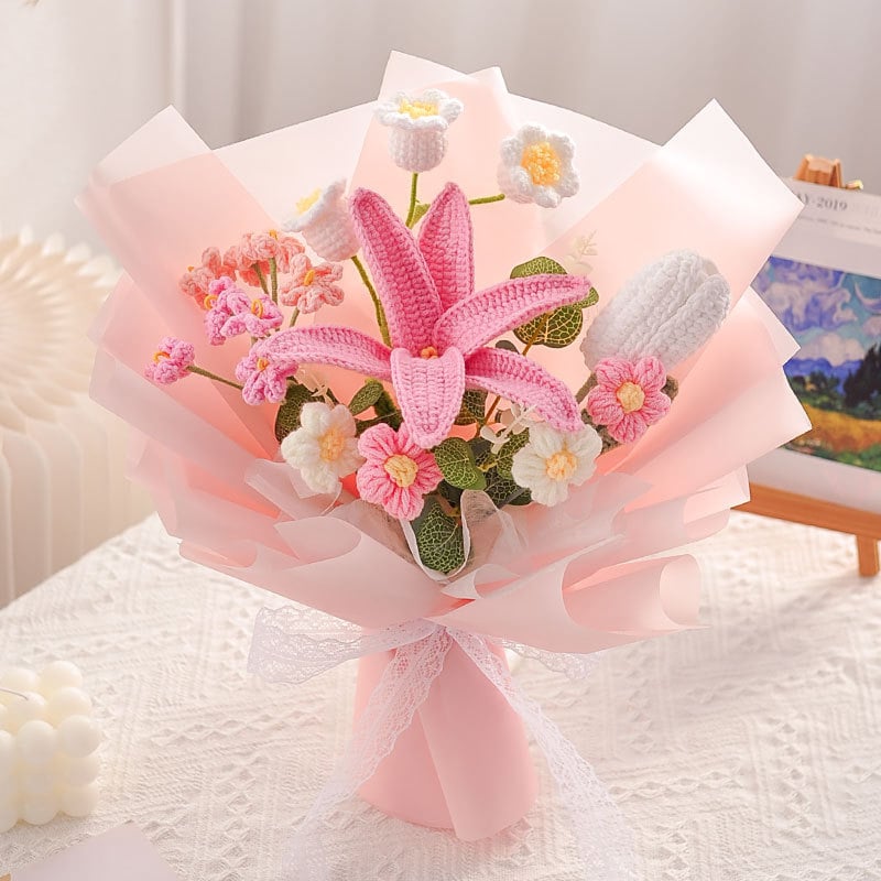 Ručni pleteni buket vunene pređe s svilenim cvjetovima (lilija) - materijal: svila; sorta: lilija; zanat: drugo