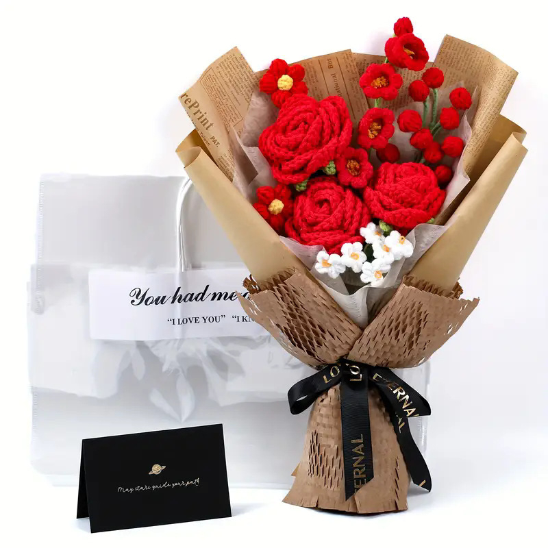 Ručni pleteni buket vunene pređe s svilenim cvjetovima (lilija) - materijal: svila; sorta: lilija; zanat: drugo