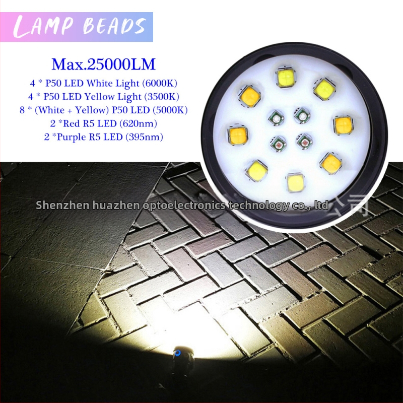 Zemūdens fotogrāfijas izgaismojums ar USB uzlādi, četrkrāsains LED gaismas avots, 25 000 lūmeni, iebūvēts akumulators, alumīnija sakausējuma korpuss, asafee, Shenzhen