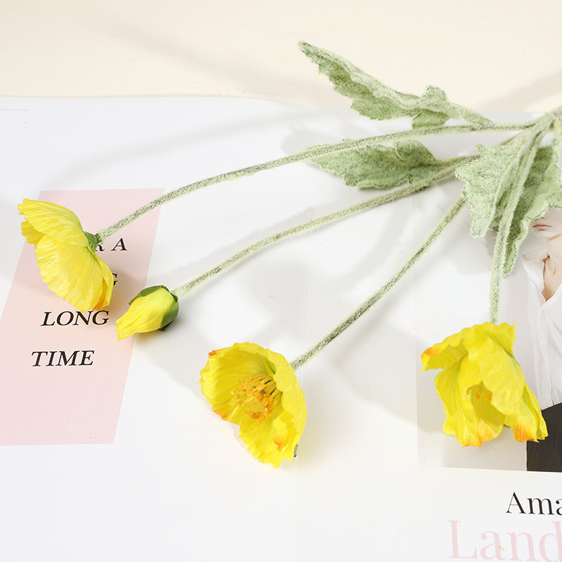 Islandski mak od satenskog cvijeta s flokiranjem — umjetni cvijet za vjenčanja, rekvizite za fotografije i kućnu dekoraciju