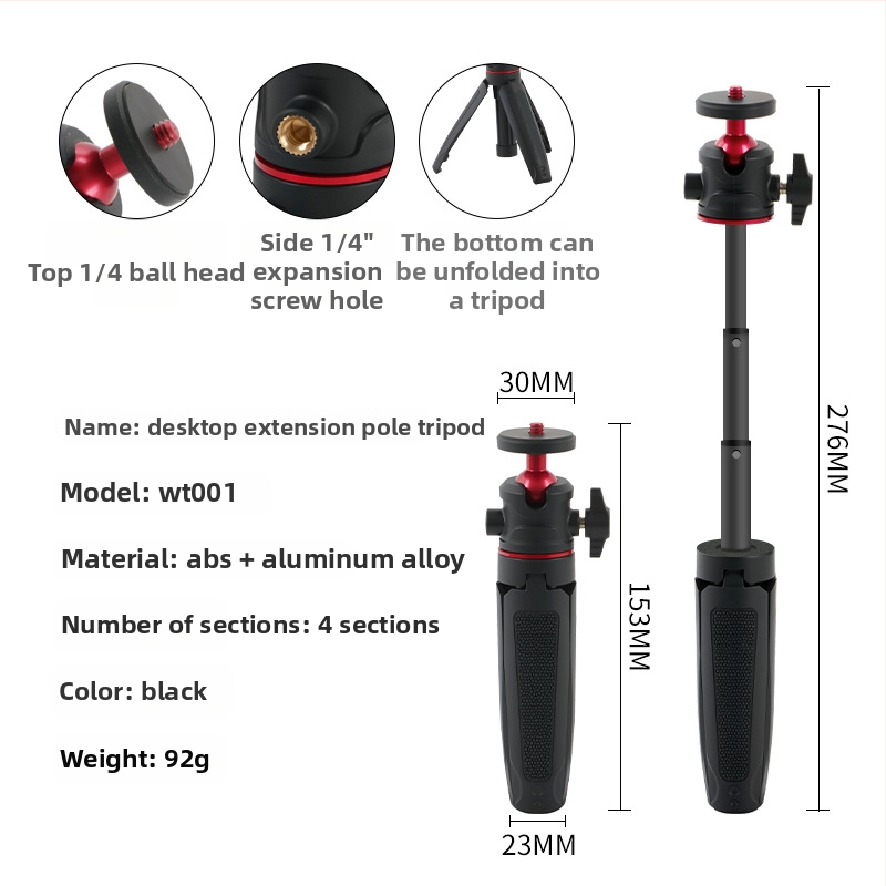 Mini stolný rozšírený tripod s guľovou hlavou pre smartfón a bez zrkadlovej kamery – 3-sekčný teleskopický stojan, ABS + hliníková zliatina, nosnosť 1 kg