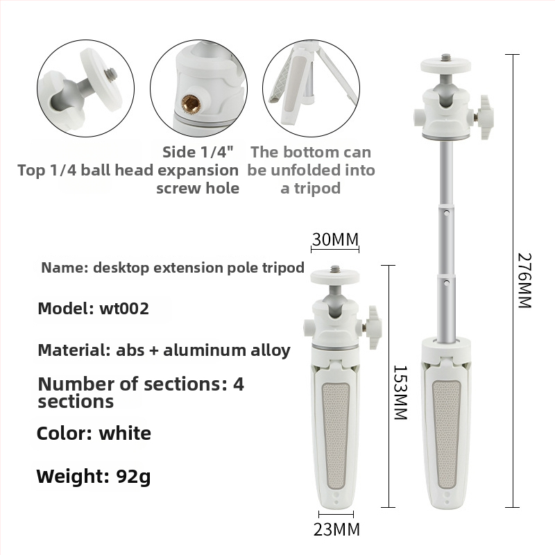 Mini stolný rozšírený tripod s guľovou hlavou pre smartfón a bez zrkadlovej kamery – 3-sekčný teleskopický stojan, ABS + hliníková zliatina, nosnosť 1 kg
