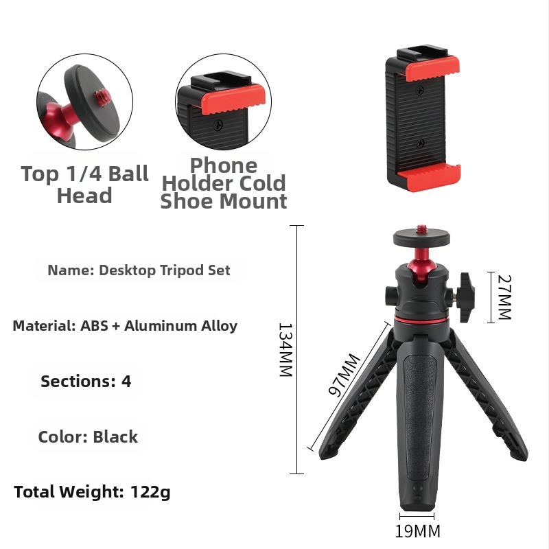 Mini stolný rozšírený tripod s guľovou hlavou pre smartfón a bez zrkadlovej kamery – 3-sekčný teleskopický stojan, ABS + hliníková zliatina, nosnosť 1 kg