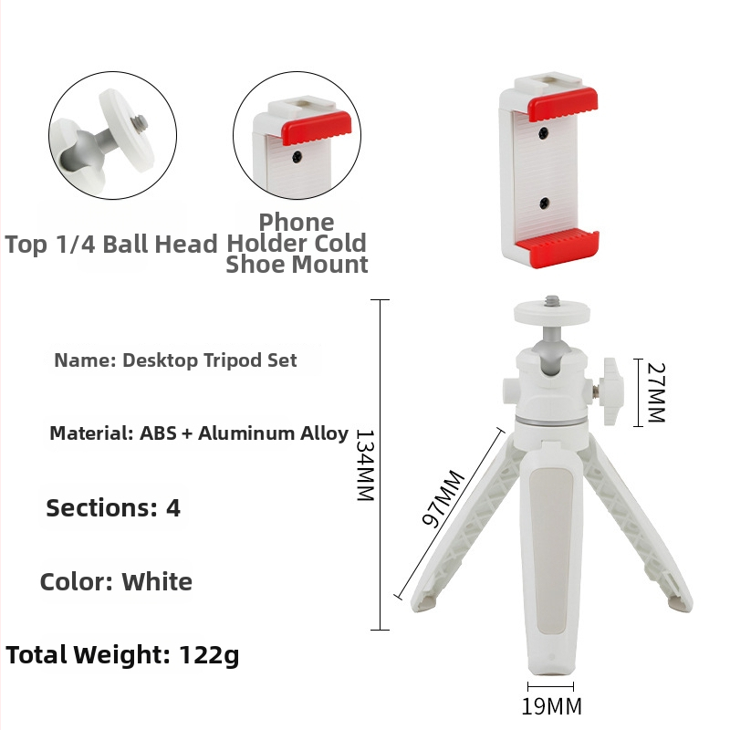 Mini stolný rozšírený tripod s guľovou hlavou pre smartfón a bez zrkadlovej kamery – 3-sekčný teleskopický stojan, ABS + hliníková zliatina, nosnosť 1 kg