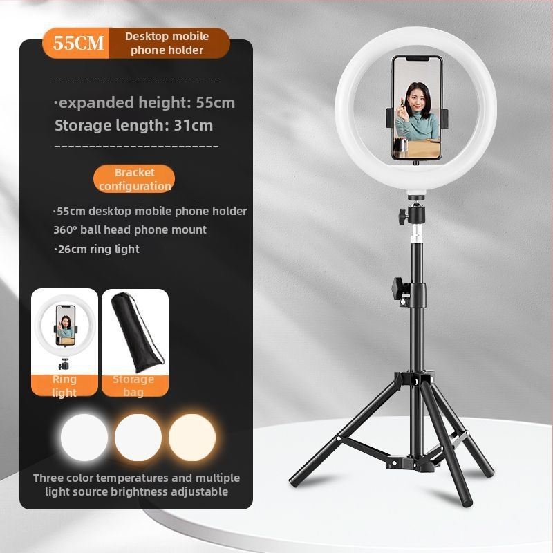 Podlahový univerzálny držiak pre mobilný telefón na živé vysielanie s trojnožkou a selfie svetlom – kovová konštrukcia, štýl IP, 3C certifikát 2025200914002272