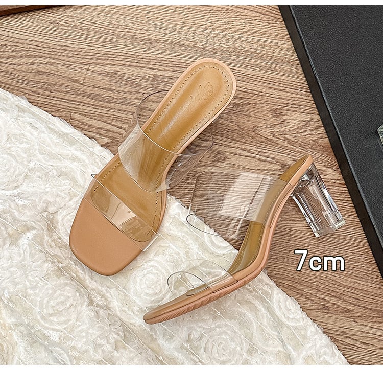 Permatomi moterų sandalai su krištolais, vidutinio kulno blokas, vienos juostos, PVC viršus, gumos padas