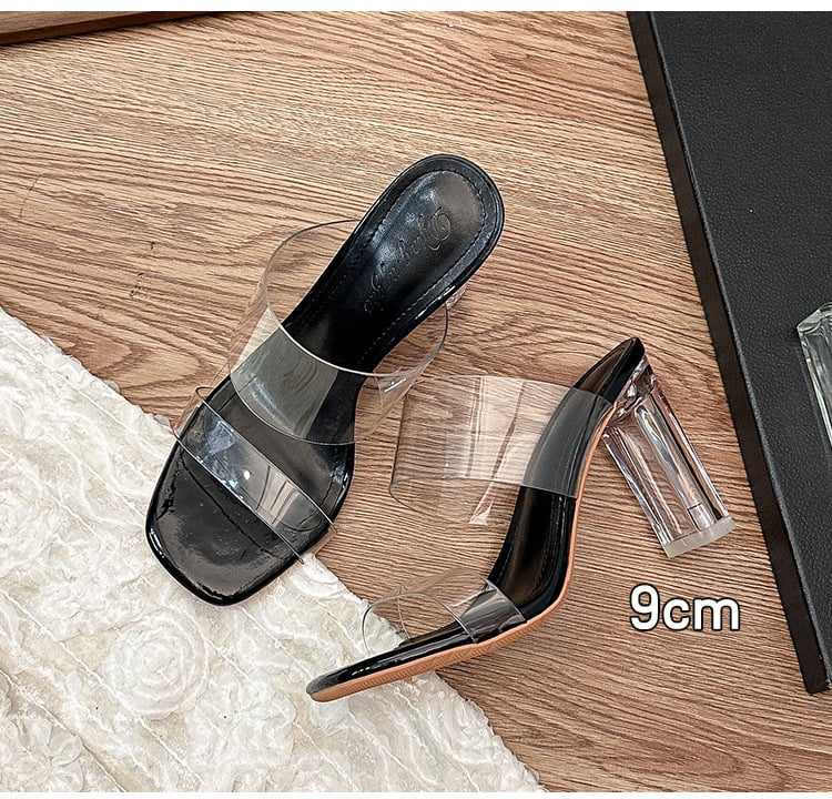 Permatomi moterų sandalai su krištolais, vidutinio kulno blokas, vienos juostos, PVC viršus, gumos padas