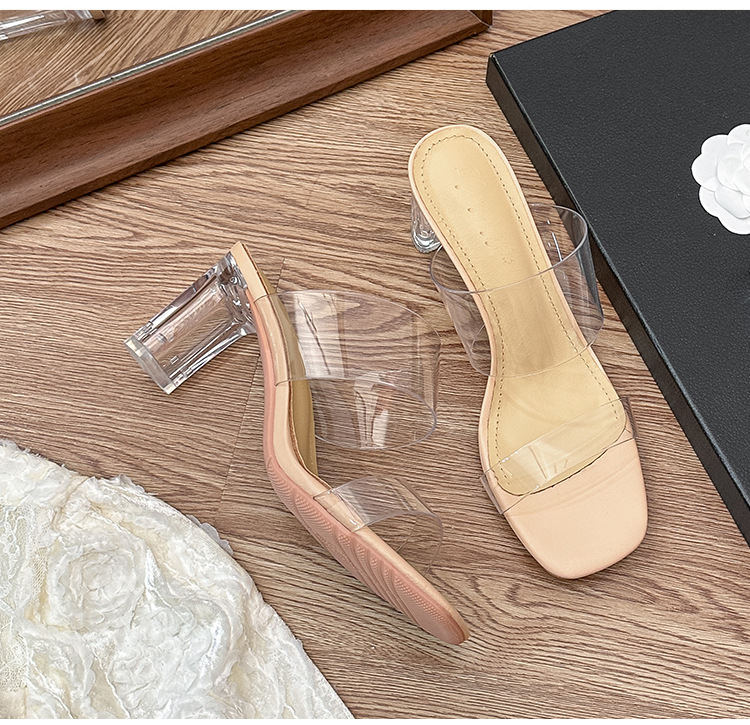 Permatomi moterų sandalai su krištolais, vidutinio kulno blokas, vienos juostos, PVC viršus, gumos padas