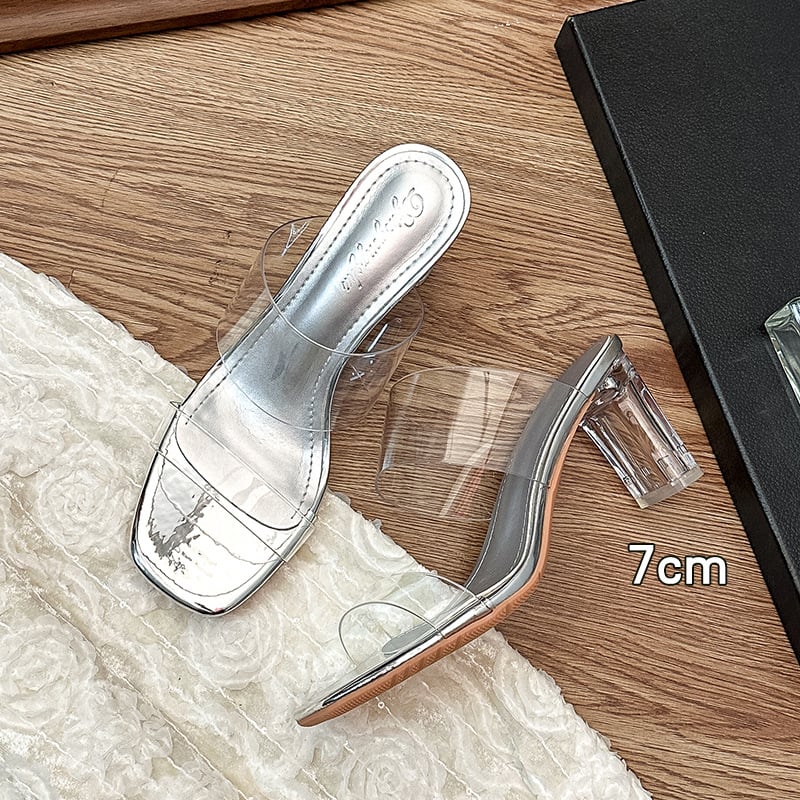 Permatomi moterų sandalai su krištolais, vidutinio kulno blokas, vienos juostos, PVC viršus, gumos padas