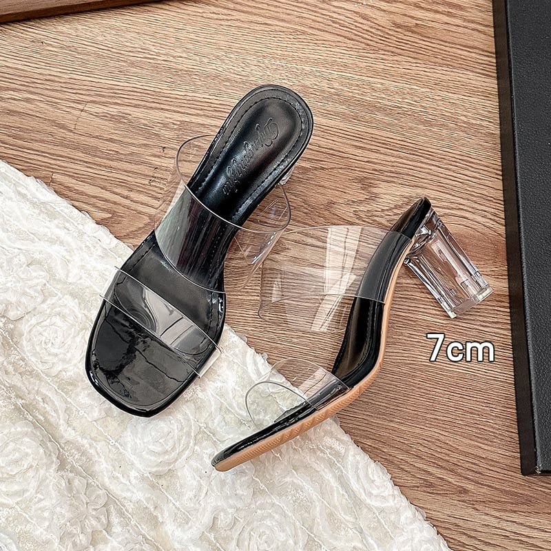 Permatomi moterų sandalai su krištolais, vidutinio kulno blokas, vienos juostos, PVC viršus, gumos padas