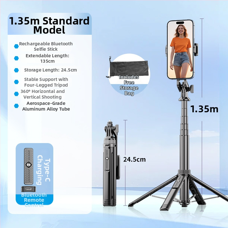 Bluetooth selfie tyč s podstavným teleskopickým statívom, hliníková zliatina + ABS, diaľkové ovládanie, držiak na kameru