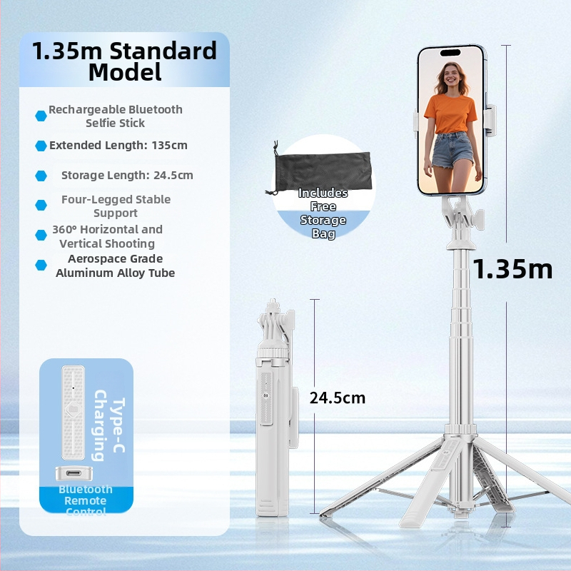 Bluetooth selfie tyč s podstavným teleskopickým statívom, hliníková zliatina + ABS, diaľkové ovládanie, držiak na kameru