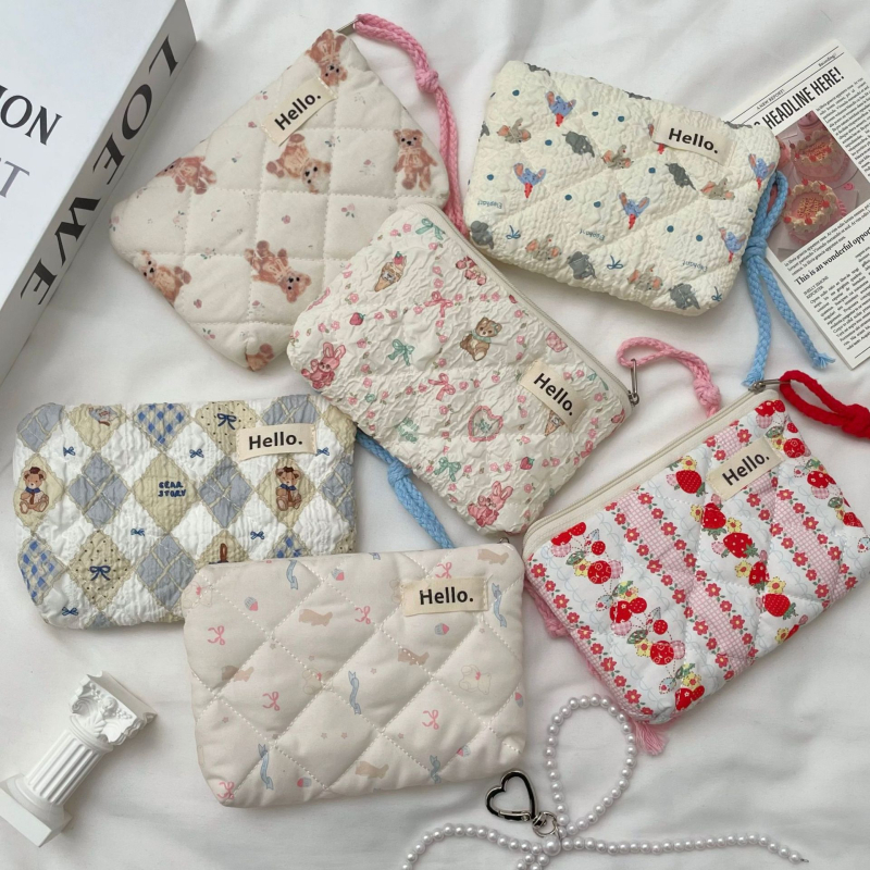 Quiltelt pamutból készült pénztárca, állatmintás, gyerekes rajzfilm-stílus, uniszex, nylon bélés