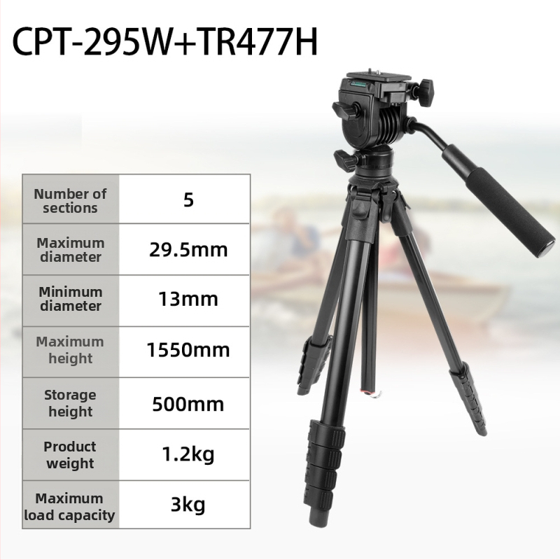 Tripod pentru cameră din aliaj de aluminiu, capacitate 3-5 kg, diametrul țevii 29,5 mm, design cu 5 secțiuni, greutate 1,2 kg (Aliaj de aluminiu; 3-5 kg capacitate; diametrul țevii 29,5 mm; 5 secțiuni; 1,2 kg)