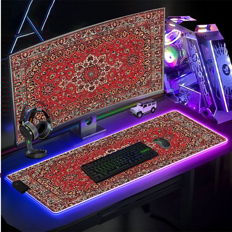 Игрова подложка за мишка от плат с персийски мотиви и дунхуански стенописи, RGB осветление, антихлъзгаща повърхност, USB хъб, подпора за китка