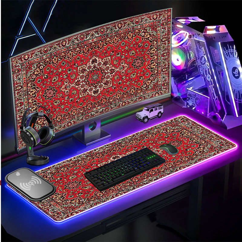 Игрова подложка за мишка от плат с персийски мотиви и дунхуански стенописи, RGB осветление, антихлъзгаща повърхност, USB хъб, подпора за китка