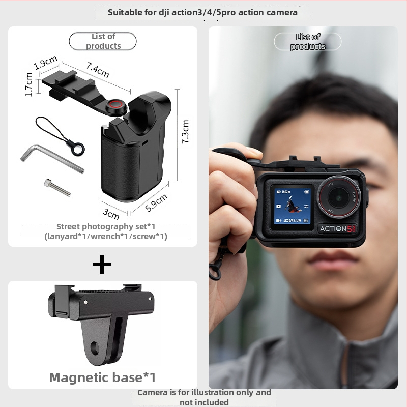 Странична дръжка за DJI Action 3/4/5 Pro със бутон за затвора — Zhonix ZH0035, материал PC + силиконов гел, съвместимост: Action 3/4/5 Pro