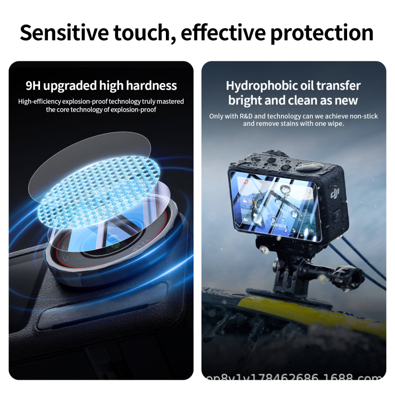 Capac de obiectiv din silicon cu protecție din sticlă temperată pentru DJI Action 5 Pro/4/3; material: silicon + sticlă; logo personalizabil; setul include husă din silicon și cutie din carton.