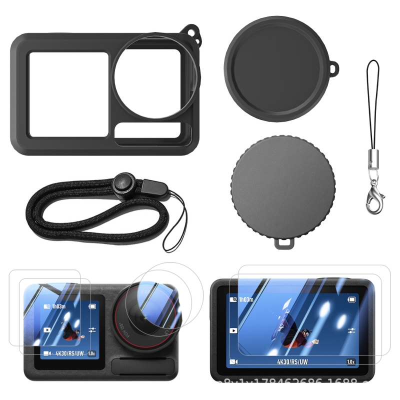 Capac de obiectiv din silicon cu protecție din sticlă temperată pentru DJI Action 5 Pro/4/3; material: silicon + sticlă; logo personalizabil; setul include husă din silicon și cutie din carton.