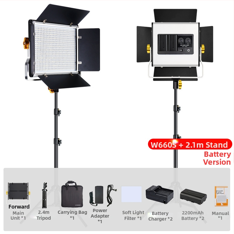 W660S Profesionálna LED lampa na fotografiu pre vnútorné/vonkajšie natáčanie — 40W, 14.8V, 3200–6500K ±200K, stmievateľná, nastavenie farby, kompatibilné s batériami F550/F750/F970 s adapterom
