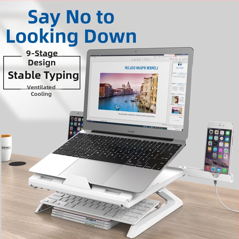 Универсална поставка за лаптоп с повдигащ дизайн, материал: инженерни пластмаси и хардуер, тегло 970 г, съвместима с лаптопи, мобилни телефони и таблети