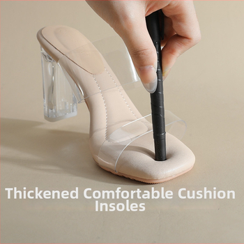 Vienos juostos sandalai, PVC viršus, kvadratinė nosis, guma padas, storas kulnas 3–6 cm