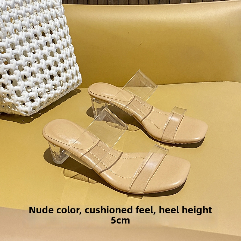 Vienos juostos sandalai, PVC viršus, kvadratinė nosis, guma padas, storas kulnas 3–6 cm