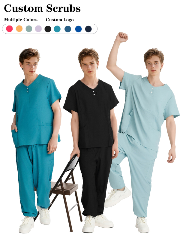 Unisex liječnički scrubs set s V-izrezom, gornji dio na gumbe i hlače, materijal poliester-bavla, odvodi vlagu, za kliničku uporabu