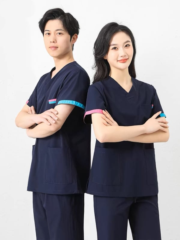 Unisex set radne odjeće s kratkim rukavima (gornji dio + hlače) — tkanina koja odvodi vlagu, poliester-pamuk-elastan smjesa, V izrez, obični rukavi, za sve sezone