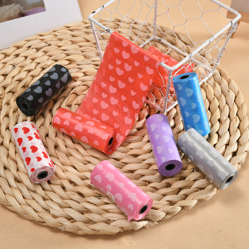 Jiahao saci de gunoi pentru animale de companie, rolă continuă, imprimeu inimă, plastic, o singură folosință, grosime normală