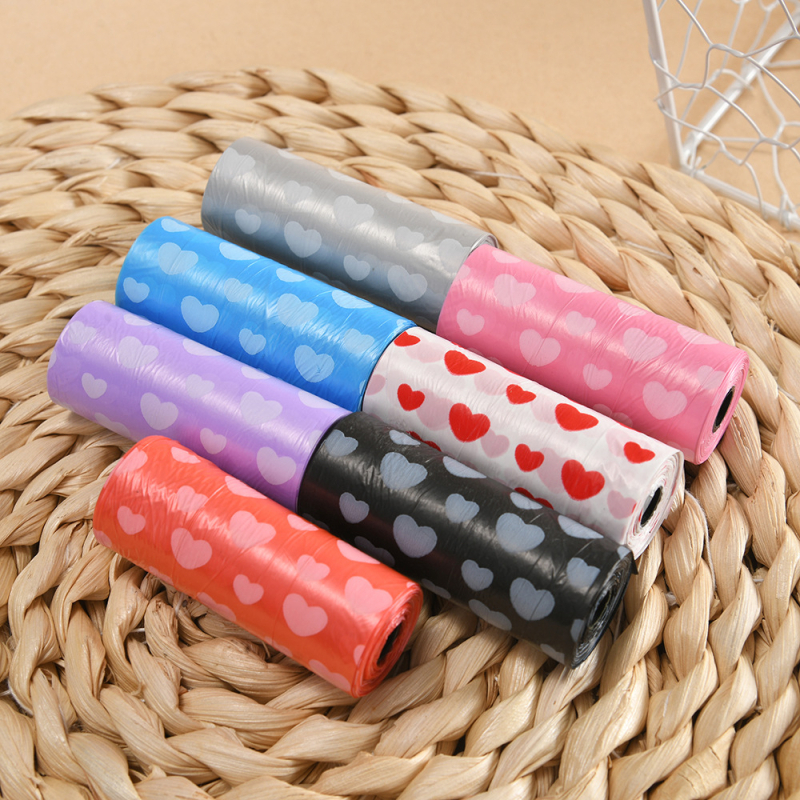 Jiahao saci de gunoi pentru animale de companie, rolă continuă, imprimeu inimă, plastic, o singură folosință, grosime normală