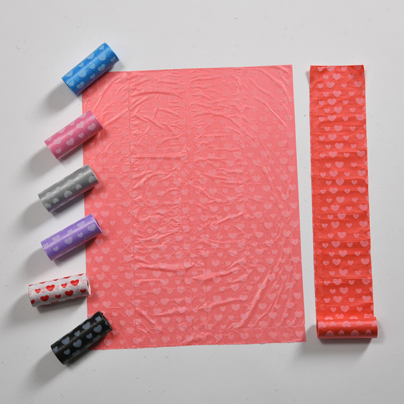 Jiahao saci de gunoi pentru animale de companie, rolă continuă, imprimeu inimă, plastic, o singură folosință, grosime normală