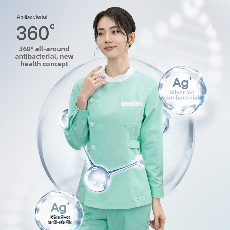 Set uniformă medicală (top și pantaloni) cu mâneci lungi, guler de tip sacou, țesătură poliester-bumbac 50–70% poliester, 30–50% bumbac, material cu evacuare a umezelii
