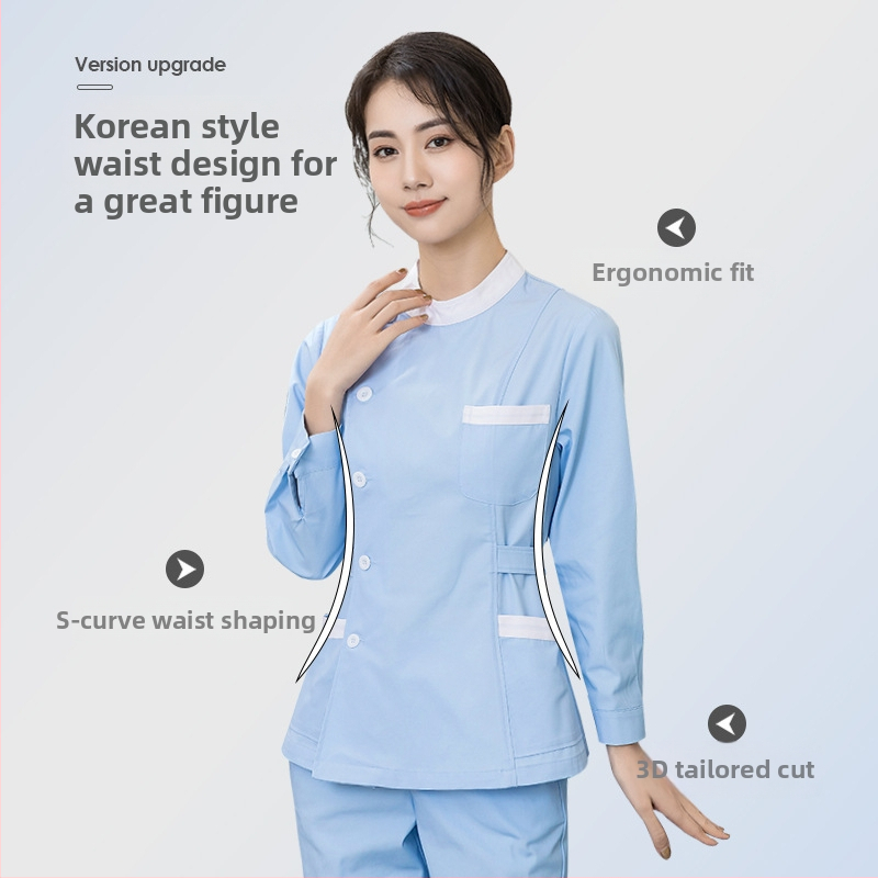 Set uniformă medicală (top și pantaloni) cu mâneci lungi, guler de tip sacou, țesătură poliester-bumbac 50–70% poliester, 30–50% bumbac, material cu evacuare a umezelii