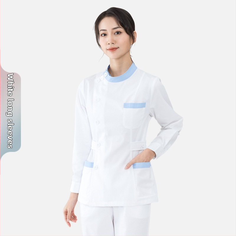 Set uniformă medicală (top și pantaloni) cu mâneci lungi, guler de tip sacou, țesătură poliester-bumbac 50–70% poliester, 30–50% bumbac, material cu evacuare a umezelii