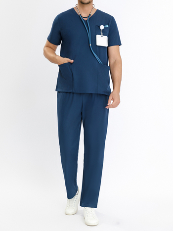 Férfi rövid ujjú munkaruha orvosi/laboratóriumi használatra, lélegző kémiai rost keverékből, 95% poliészter, 2024 nyár